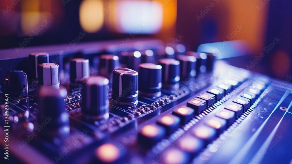 Poster close-up of a mixing console with knobs and buttons, illuminated with purple and blue light.