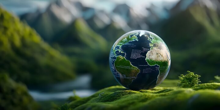 A captivating image showcasing a revolving holographic planet displaying dynamic data streams and scrolling news text set within a serene natural landscape of rolling hills and verdant foliage