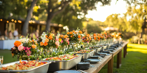 A Feast for the Senses: A long table laden with a diverse buffet of culinary delights and vibrant floral arrangements. Capturing the essence of a delightful outdoor event, this image radiates warmth.