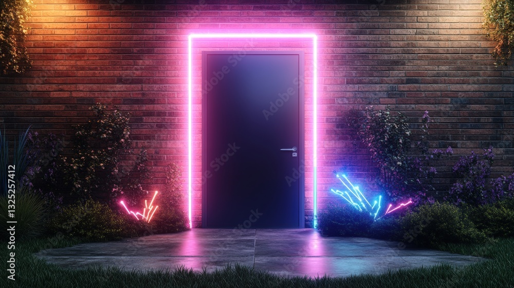 Poster futuristic door illuminated by vibrant neon lights creating a stunning abstract visual experience in