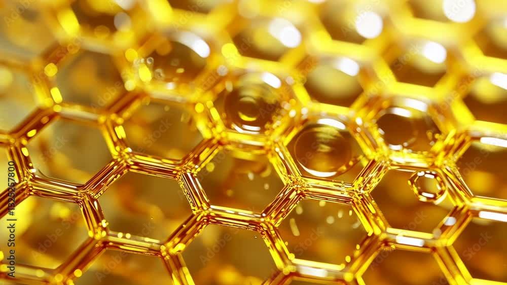 Poster golden honeycomb pattern with dynamic bubble movement and light reflections