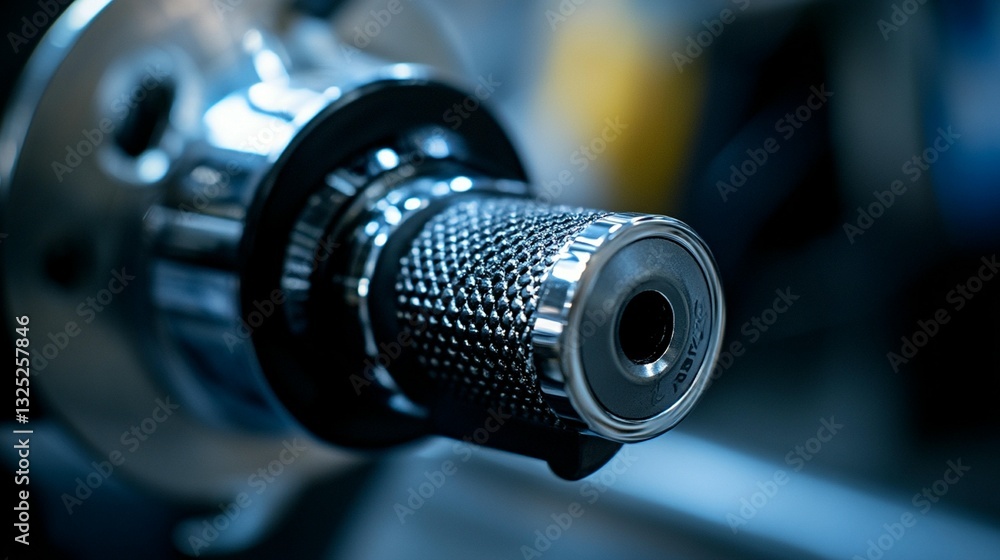 Poster close-up of a precision-engineered metallic component with intricate details, showcasing its chrome 