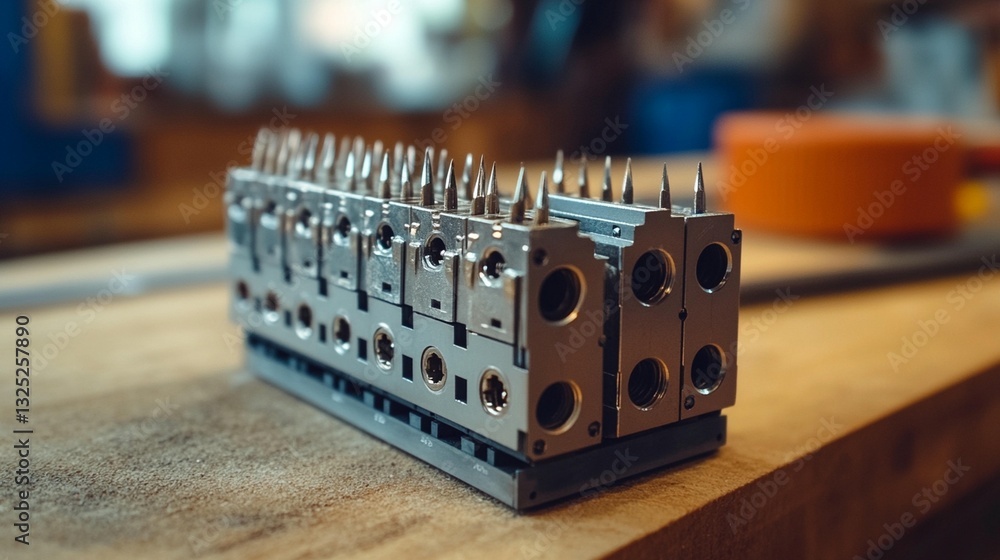 Poster close-up of a precision-engineered metallic manifold with multiple valves and connectors, resting on