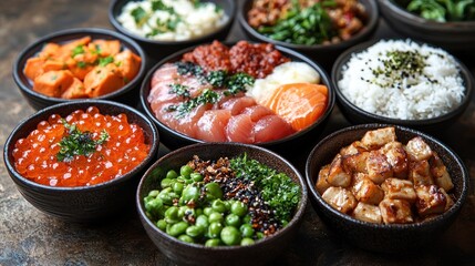 Fototapeta premium Assorted bowls of various Asian cuisine dishes.