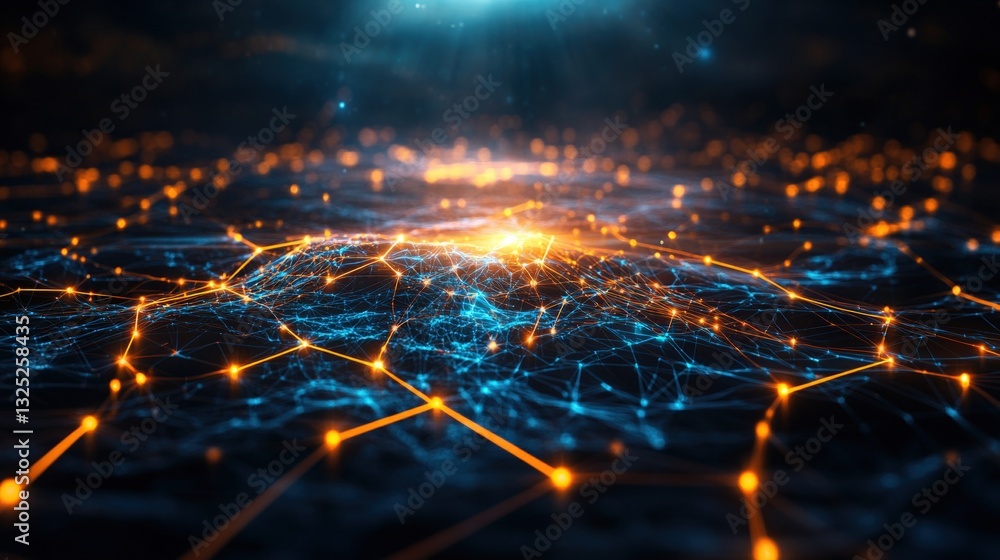 Poster connected network of glowing lights on a dark background symbolizing modern technology and digital c