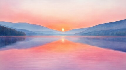 Fototapeta premium Misty Sunrise Over Calm Lake Mountains