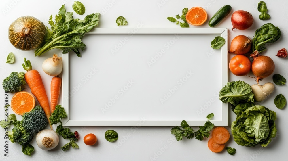 Poster white frame surrounded by fresh vegetables and fruits in a photo realistic a-frame design for displa