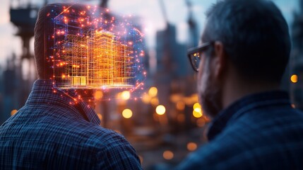 Focused man analyzing data on computer screen while engaged in architectural design and on-site project evaluation