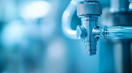 Close-up of a shiny metal valve and tubing, possibly in a medical or industrial setting.