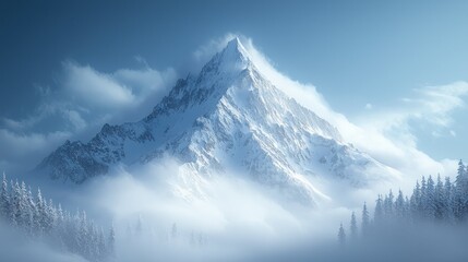Fototapeta premium Majestic snow-capped peak shrouded in mist, winter wonderland scene.