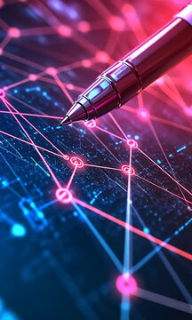 Close-up of a metallic pen poised over a digital network of interconnected nodes and lines