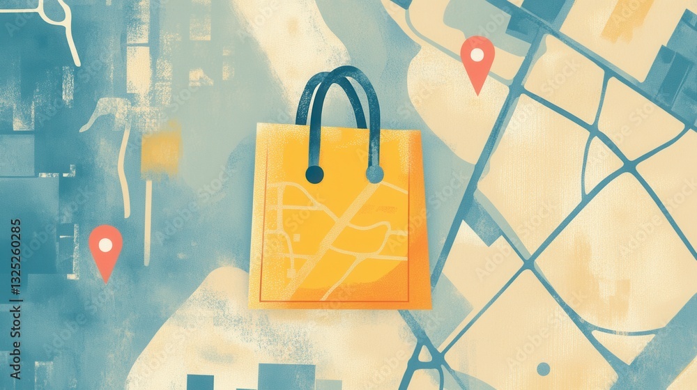 Aufkleber elegant illustration of a delivery route map featuring a grocery bag icon and location pins in a cle