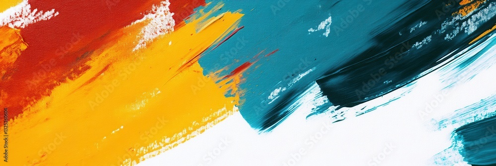 Poster bold abstract background featuring vibrant paint strokes in teal, yellow, and red, with a designated