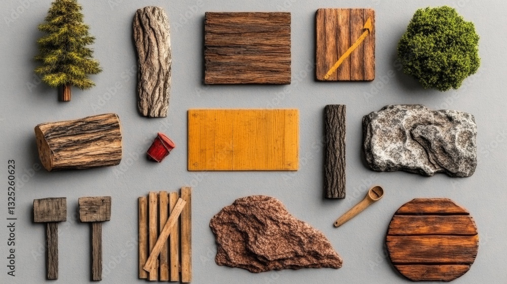 Poster diverse collection of various types of wood displayed in a natural setting for crafting and construc