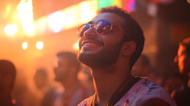 A candid portrait of a man smiling and looking up at a festival