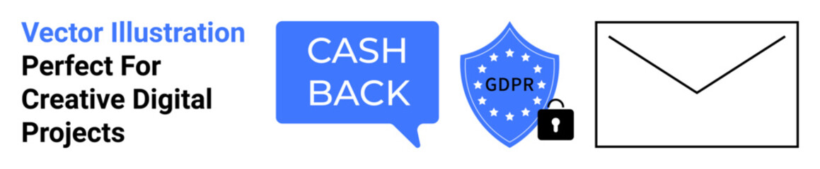 Fototapeta premium Cashback dialog box, GDPR security shield with lock, and email envelope icon. Ideal for privacy, security, online communication, data compliance, rewards e-commerce email marketing. Perfect flat