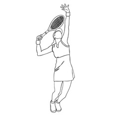 Minimalist one-line vector drawing of a female tennis player performing a serve.Illustration captures energy, precision, and movement, emphasizing athleticism and competition. Tennis-themed designs.
