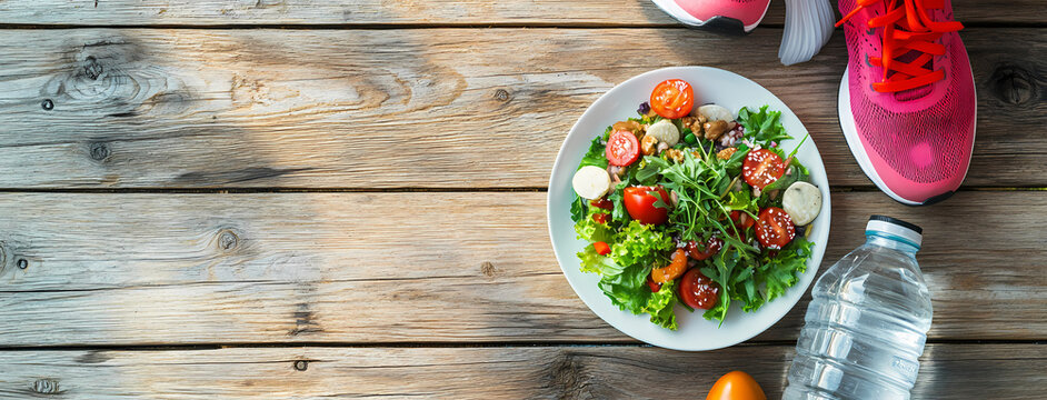 Fueling the Active Life: A vibrant arrangement of a healthy salad, running shoes, and water bottle on a rustic wooden surface, ready to empower a dynamic and health-conscious lifestyle.