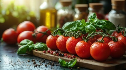 Fresh ripe tomatoes and basil on wooden board.