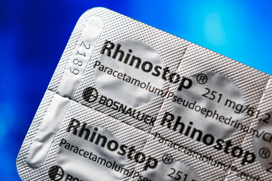 Rhinostop cold and allergy relief medication blister pack close-up. February 9, 2025 Balti Moldova