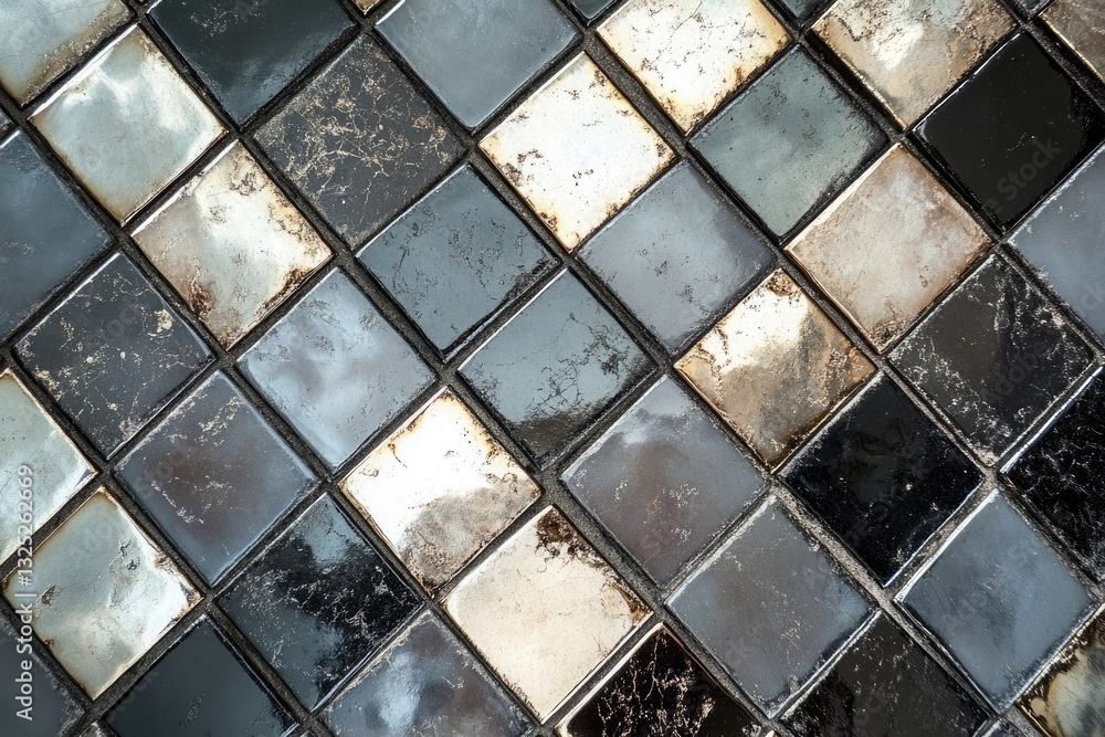 Poster diamond patterned mosaic tile floor with aged metallic and black tiles