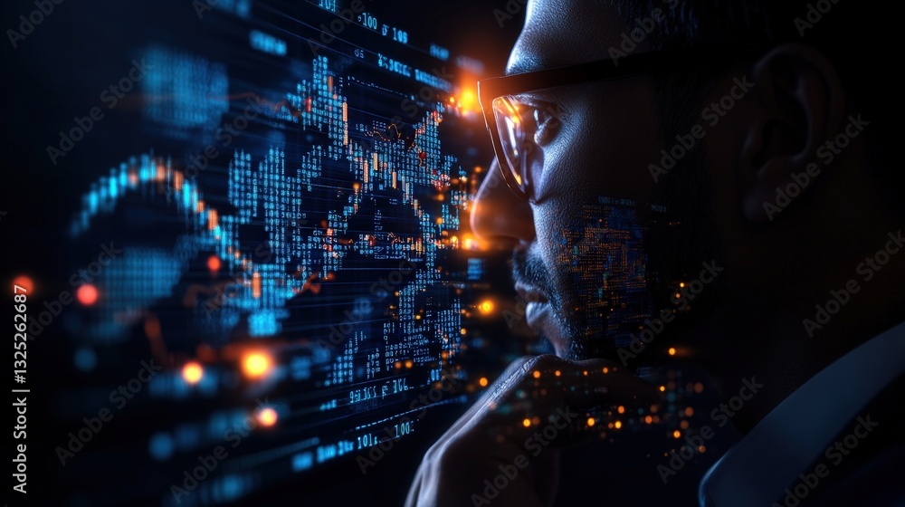 Poster professional business analyst intently observing computer screen for market insights and financial p