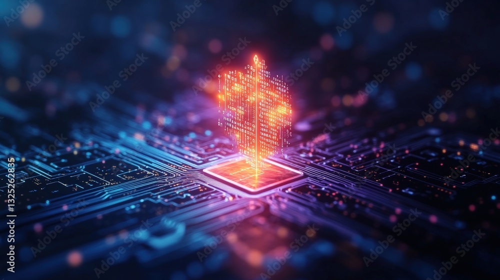 Poster complex circuit board featuring a glowing building in the center representing smart infrastructure a