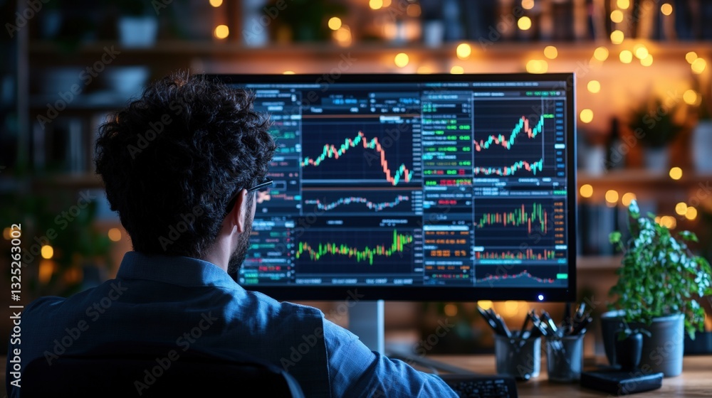 Aufkleber photo realistic man analyzing data on computer screen in modern office setting as a trader focused o