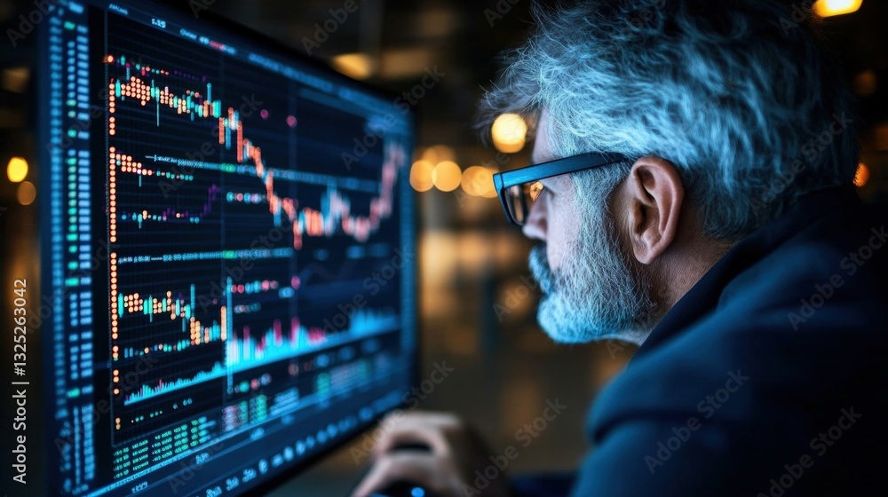 Poster photo realistic man concentrating on computer screen while engaged in data analysis as a trader in m