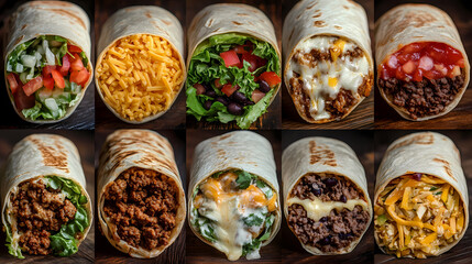 Fototapeta premium Burrito Variety: An array of colorful and flavorful burritos showcasing a variety of fillings, from fresh vegetables to savory meats, all tightly wrapped in soft tortillas.