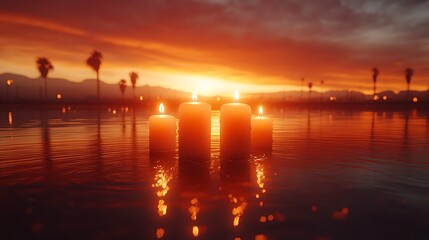 Fototapeta premium Candles glow in water at sunset; Palm trees background