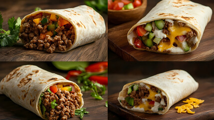 Variety of Flavorful Burritos: A mouthwatering assortment of burritos showcasing a variety of fresh ingredients, textures, and culinary styles, offering a visual feast.