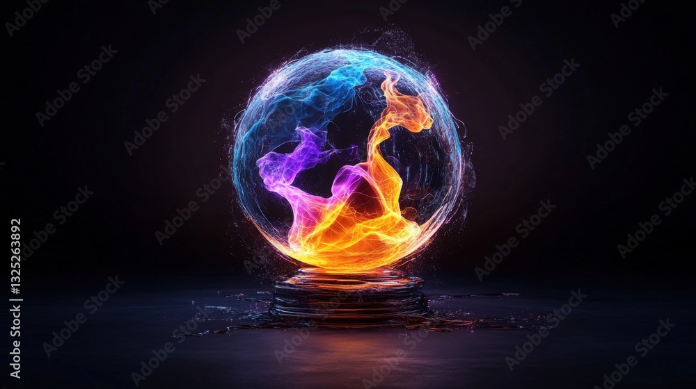 Poster a mesmerizing sphere containing a fiery light source within, radiating warmth and energy in an abstr
