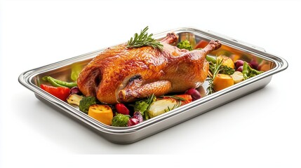 Fototapeta premium Roasted duck with vegetables on a sheet pan on a white background, isolate