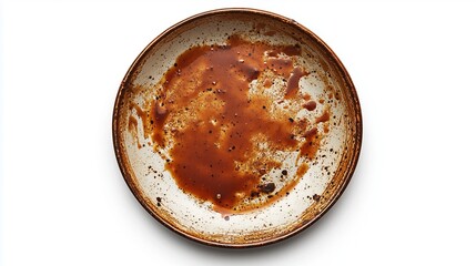 Dirty plate with leftover food and sauce, top view, on a white background, isolate