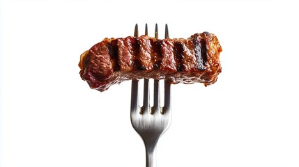 A piece of fried meat impaled on a fork on a white background, isolate