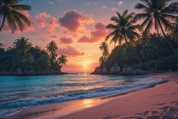 Tropical Sunset Beach Scene with Palm Trees and Twilight Sky for Social Media Use