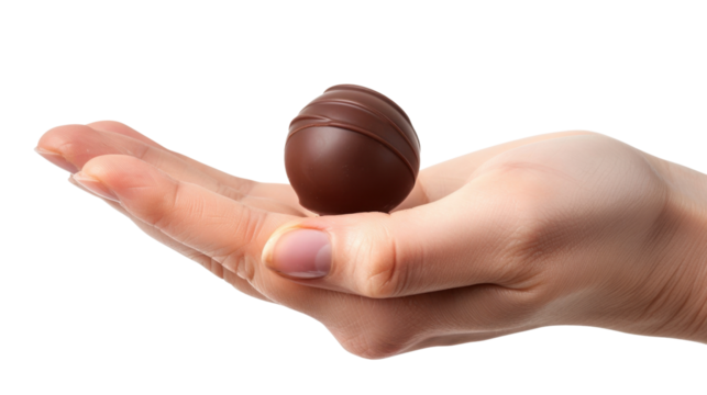 Woman hand holding a chocolate candy ball with transparent background