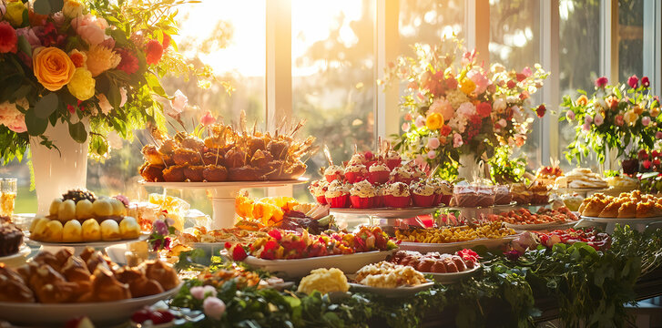 Feast for the Eyes: A lavish buffet spread overflowing with an array of delectable food, artfully arranged amidst a stunning display of vibrant flowers, offering a feast for the eyes and the palate.