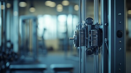Close-up of gym cable machine; weight stack, pulleys, and cables in focus; blurred gym background.