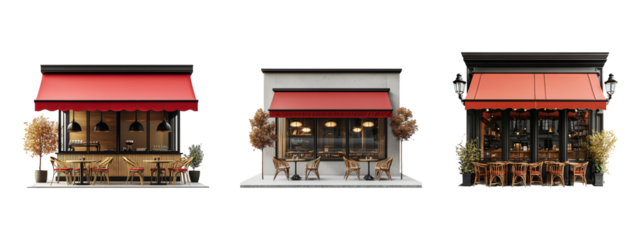 Charming Outdoor Cafes with Colorful Awnings and Inviting Atmosphere