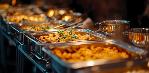 Culinary Spread: A tempting assortment of dishes awaits, displayed in elegant chafing dishes, their contents radiating culinary artistry and aroma