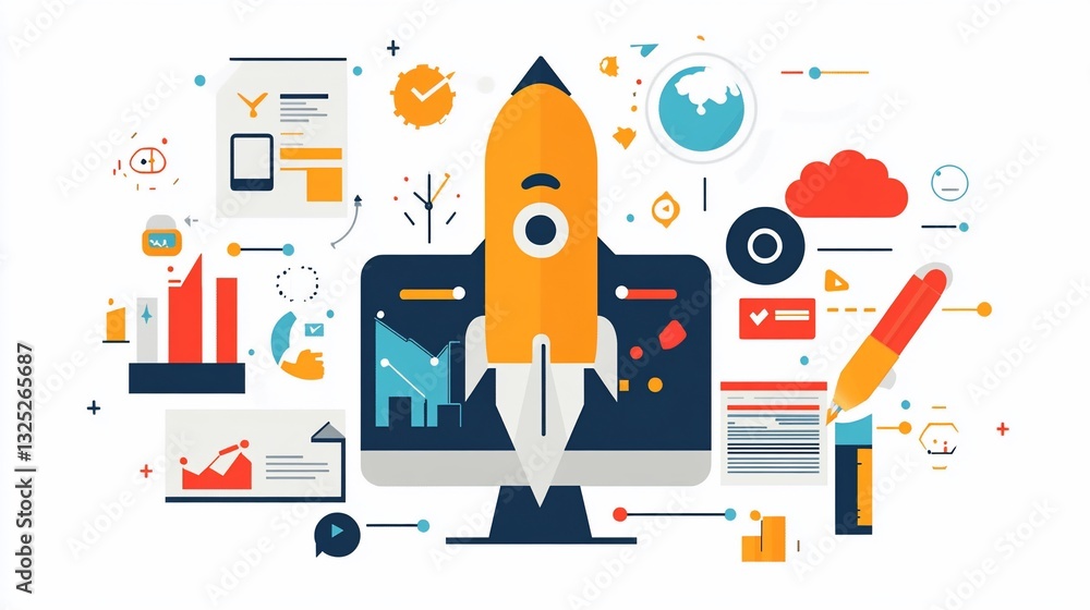 Poster creative business startup concept with rocket launch and data analysis