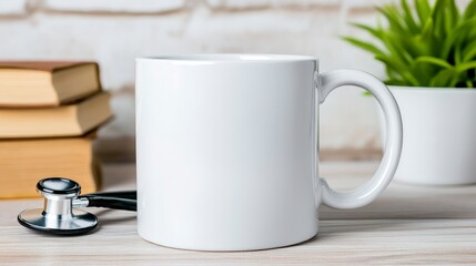 Blank White Coffee Mug with Stethoscope and Books on Table