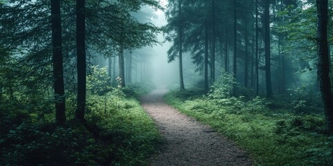 Fototapeta premium A forest path with trees and a foggy atmosphere