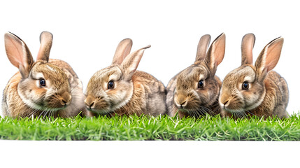 Obraz premium A group of brown rabbits on the grass with transparent isolated background.