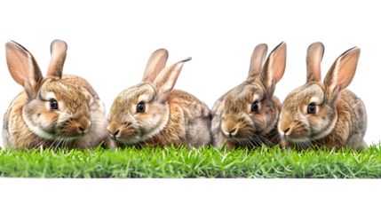 A group of brown rabbits on the grass with transparent isolated background.