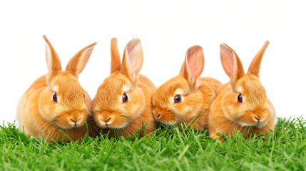 A group of baby orange rabbits on the grass with transparent isolated background.