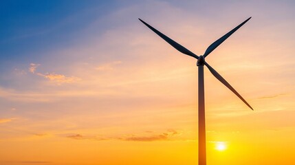 Wind Turbine Silhouette Against Colorful Sunset Sky Landscape