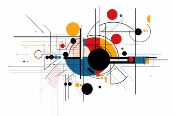 Obraz premium Geometric Abstraction: A dynamic composition of geometric shapes, lines, and circles in vibrant primary colors, creating a modern and abstract visual experience.